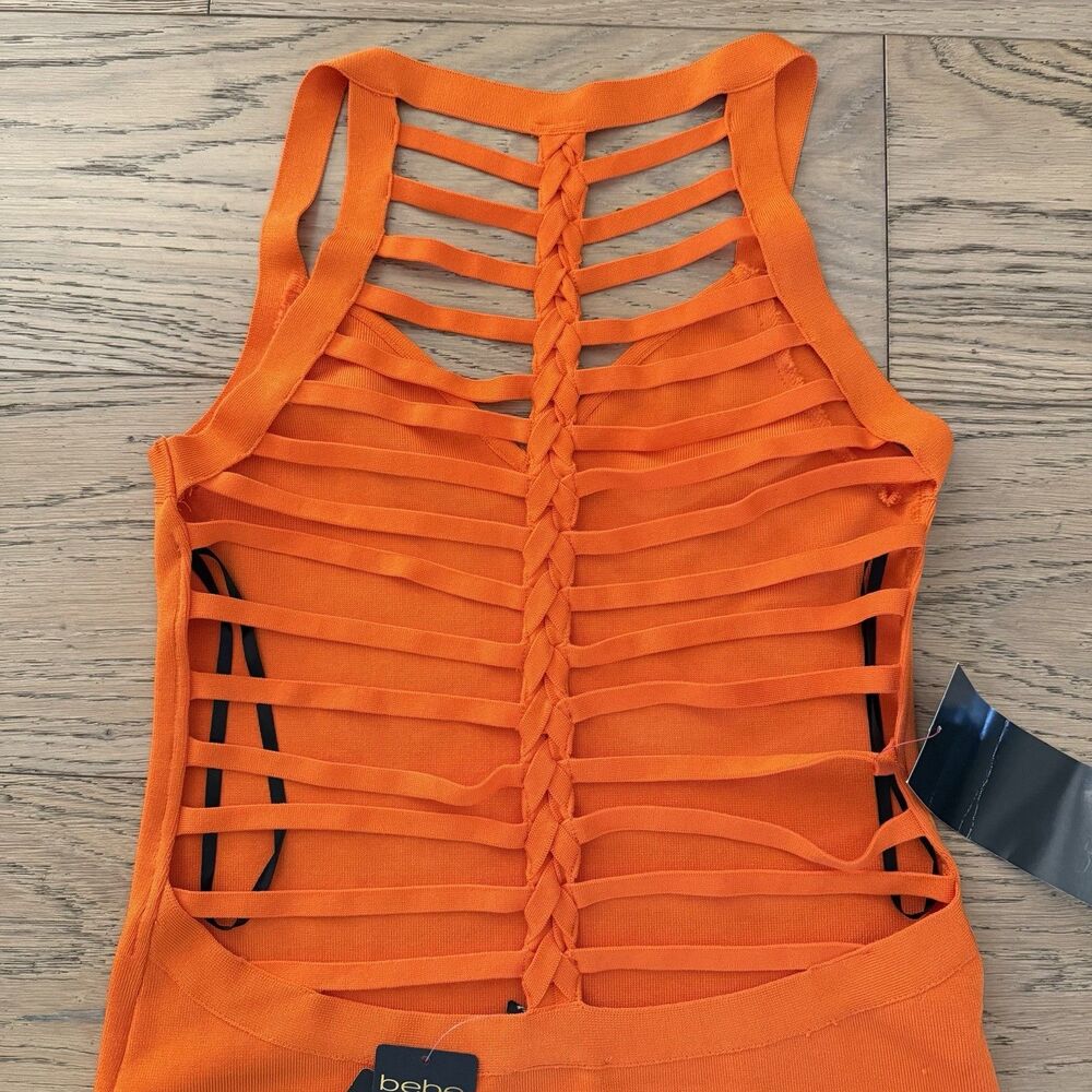 Bebe Brigit Braided Back Bandage Dress Neon Orange Strappy Bodycon L NWT - Picture 7 of 11